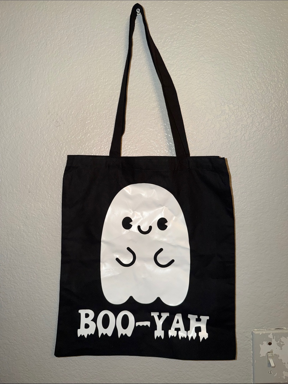 Source Unknown Black Tote Bag with White Ghost "BOO-YAH" Graphic